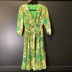 Kindred Anthropologie chiffon long sleeve v neck pleated green geo print dress S